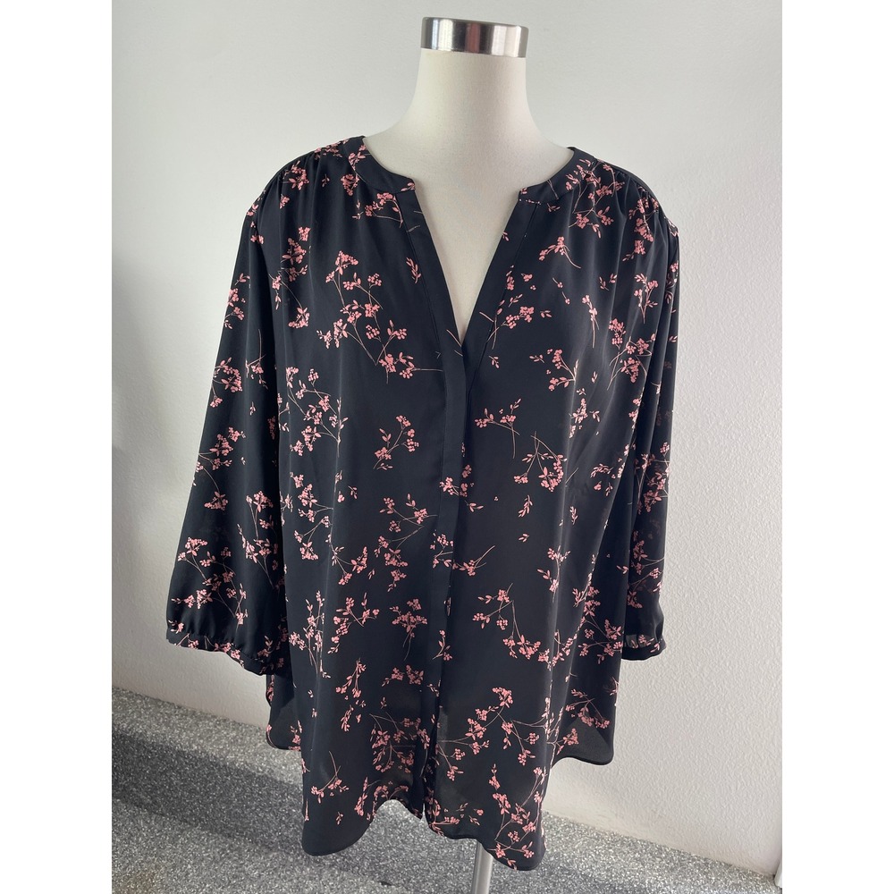 NYDJ Womens Plus 3X Floral Pintuck Split Neck Blouse Tunic Top Long Sleeve